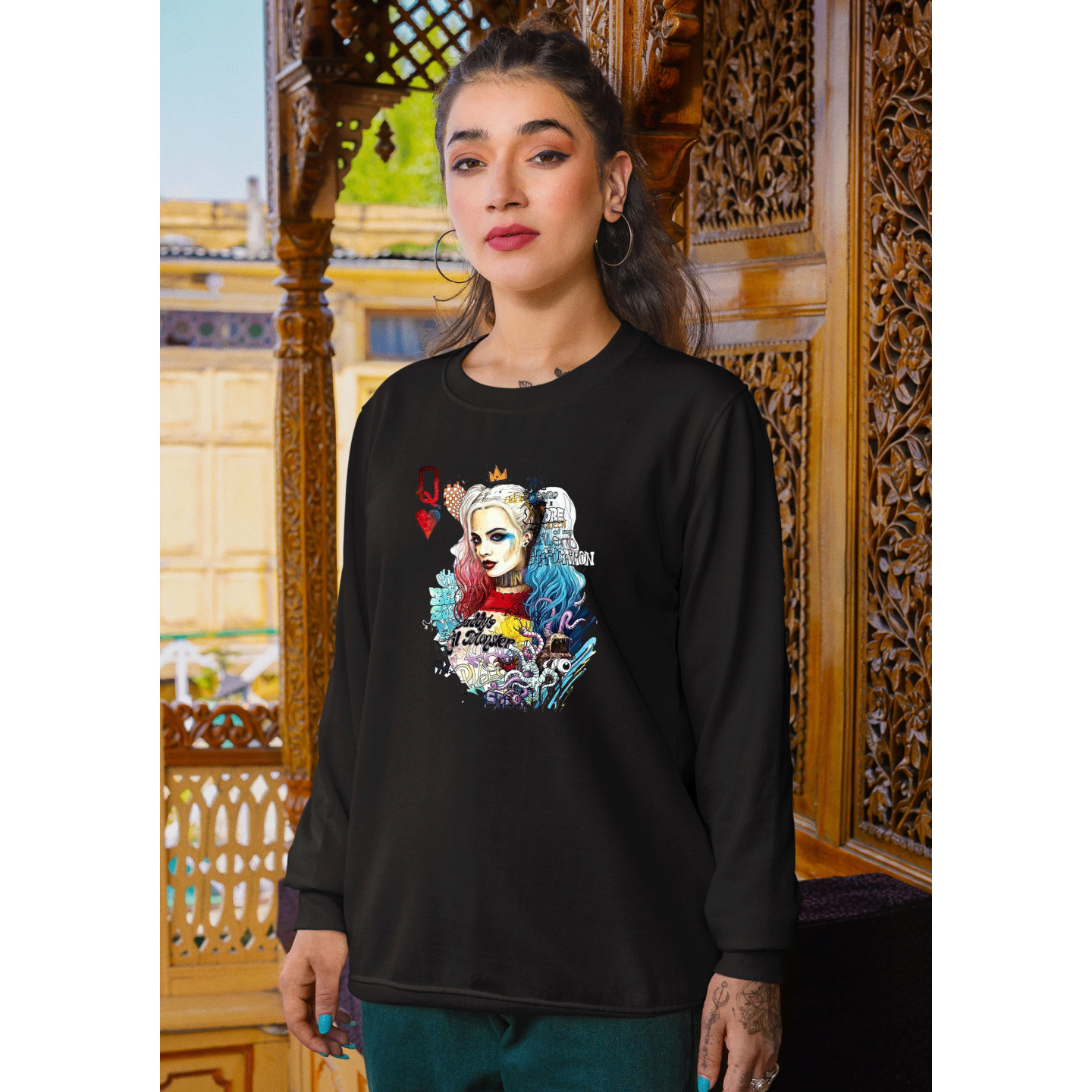 Anime Lovers Custom Print Cotton Fleece Sweatshirt - Full Sleeves  Grey Harley Quinn D-22