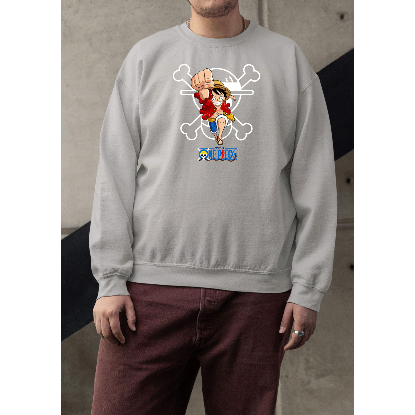 Anime Lovers Custom Print Cotton Fleece Sweatshirt - Full Sleeves Gray One Piece D-4