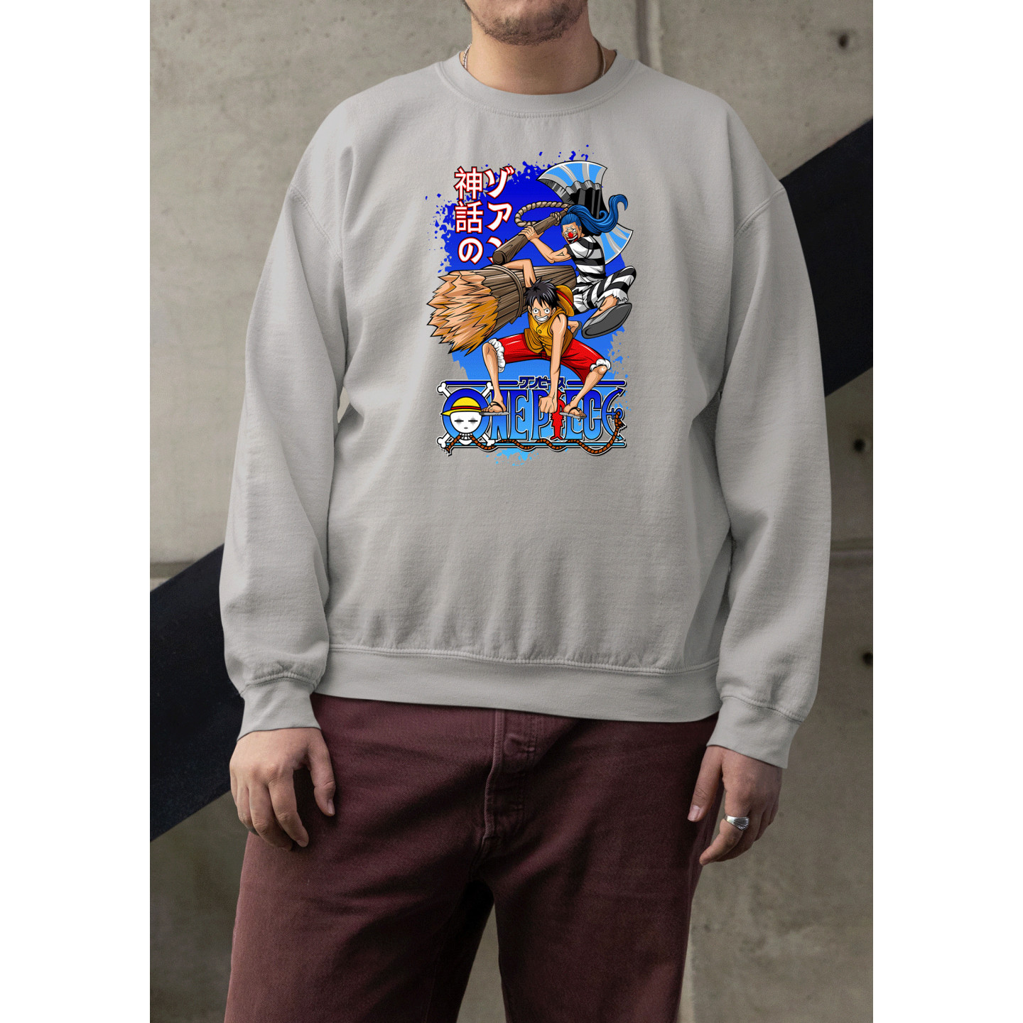 Anime Lovers Custom Print Cotton Fleece Sweatshirt - Full Sleeves Gray One Piece D-5
