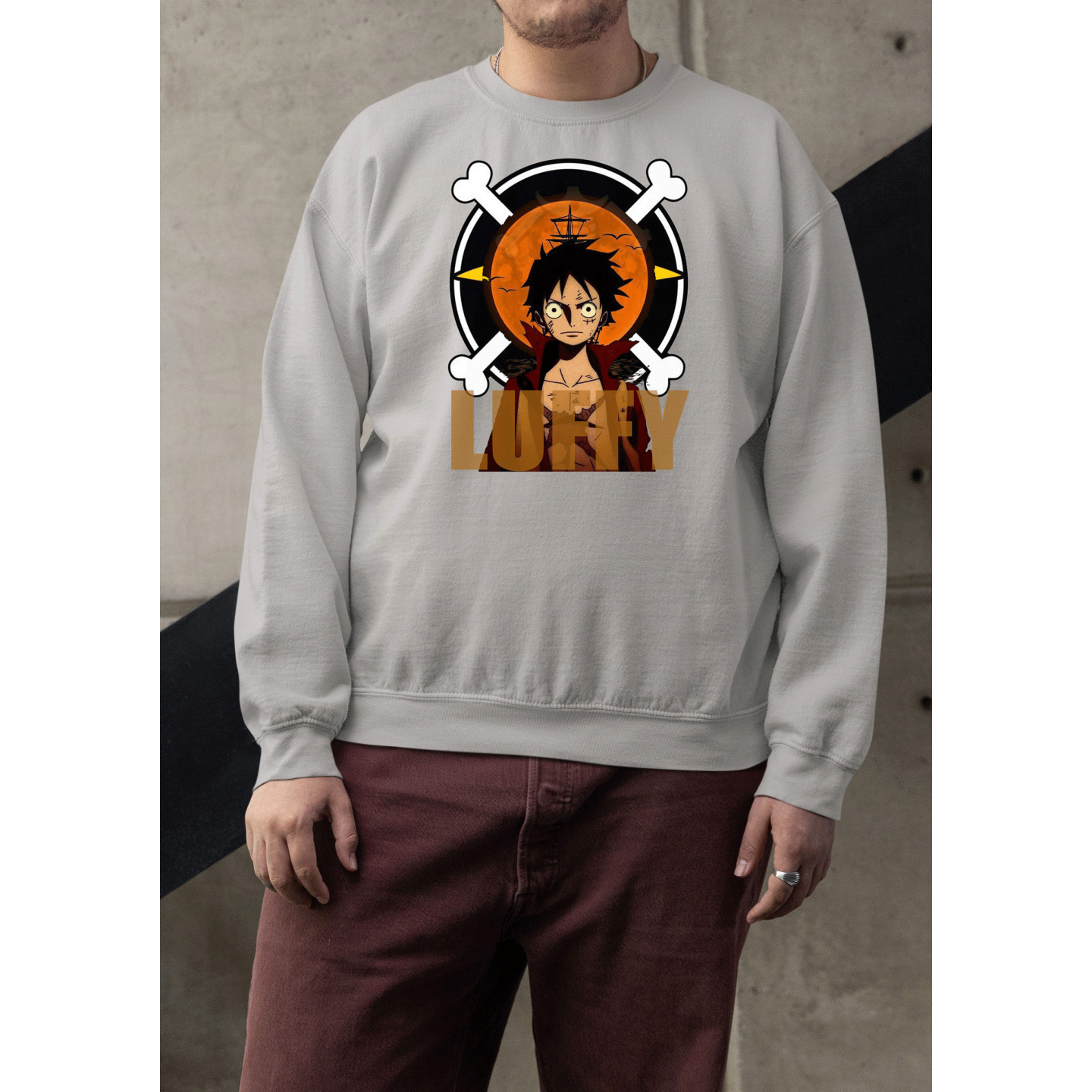 Anime Lovers Custom Print Cotton Fleece Sweatshirt - Full Sleeves Gray One Piece D-6