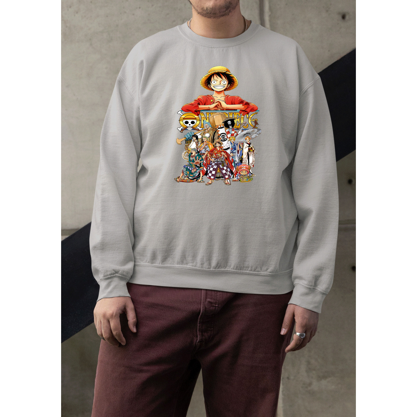 Anime Lovers Custom Print Cotton Fleece Sweatshirt - Full Sleeves Gray One Piece D-8