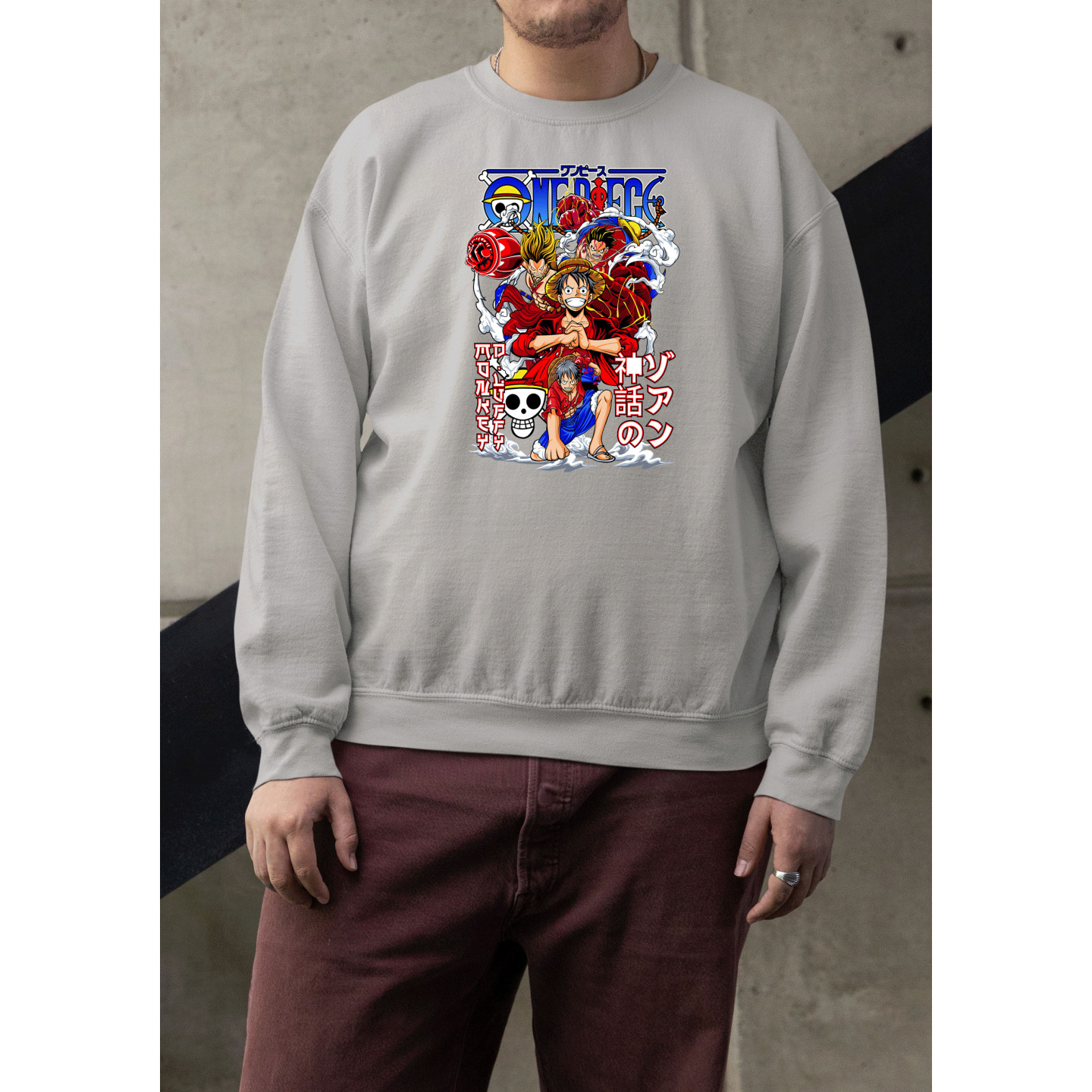 Anime Lovers Custom Print Cotton Fleece Sweatshirt - Full Sleeves Gray One Piece D-10