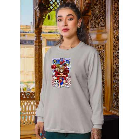 Anime Lovers Custom Print Cotton Fleece Sweatshirt - Full Sleeves Gray One Piece D-10