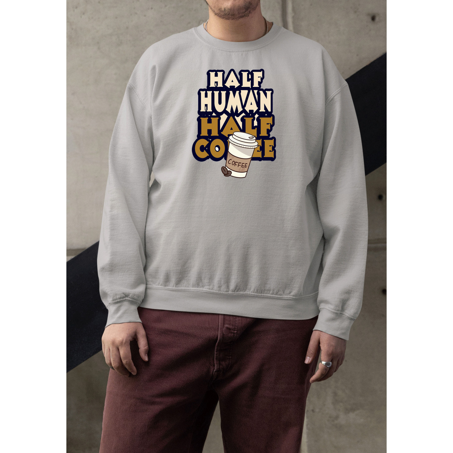 Graphic & Quote Custom Print Cotton Fleece Sweatshirt - Full Sleeves Half Human Half Coffee D-11