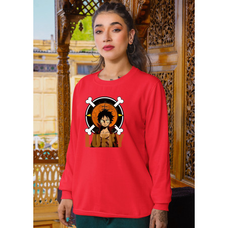 Anime Lovers Custom Print Cotton Fleece Sweatshirt - Full Sleeves  Red One Piece Luffy D-6