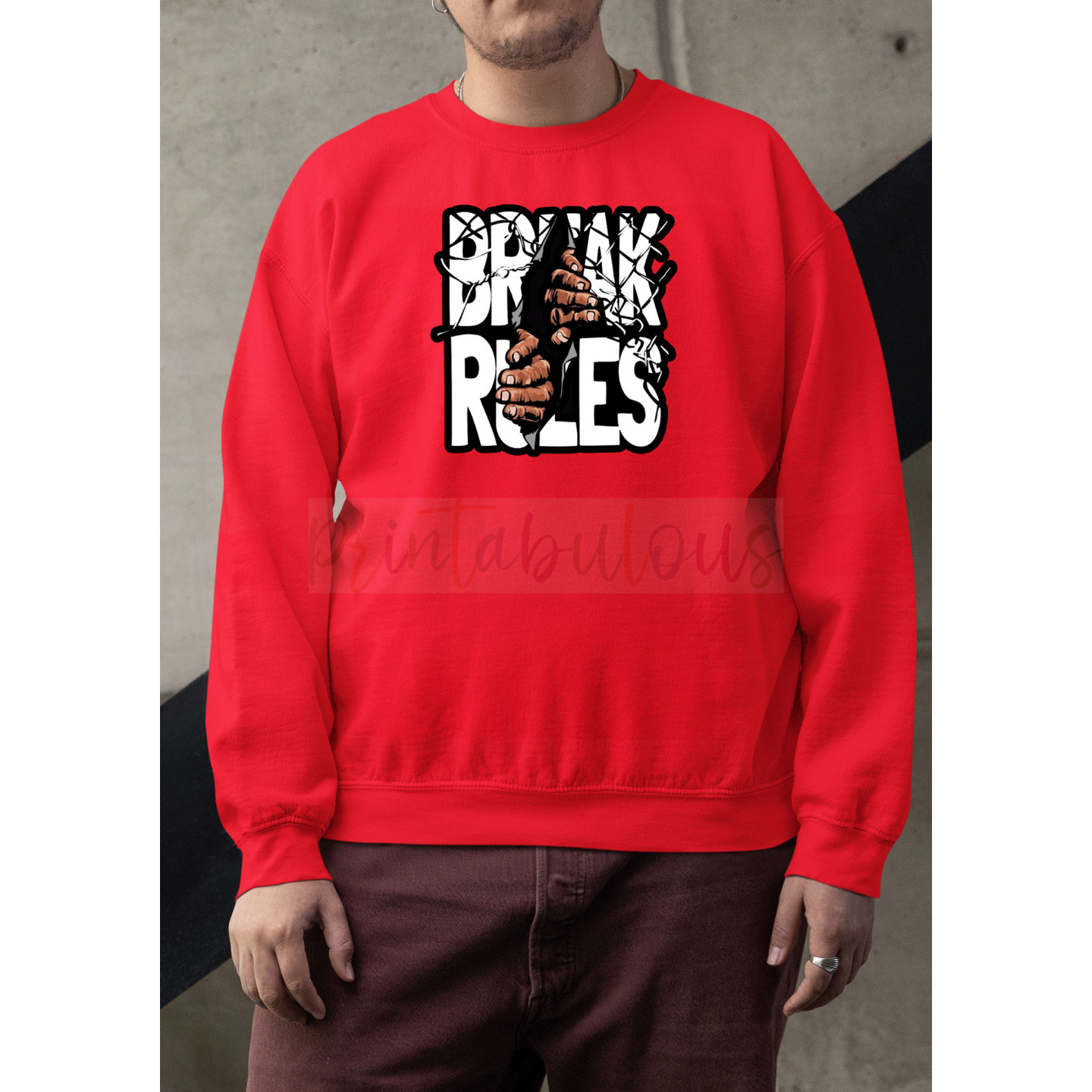 Graphic & Quote Custom Print Cotton Fleece Sweatshirt - Full Sleeves Red Break Rules  D-8