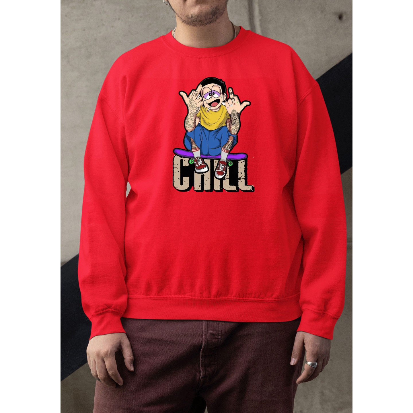 Graphic & Quote Custom Print Cotton Fleece Sweatshirt - Full Sleeves Red Chill Nobita D-9