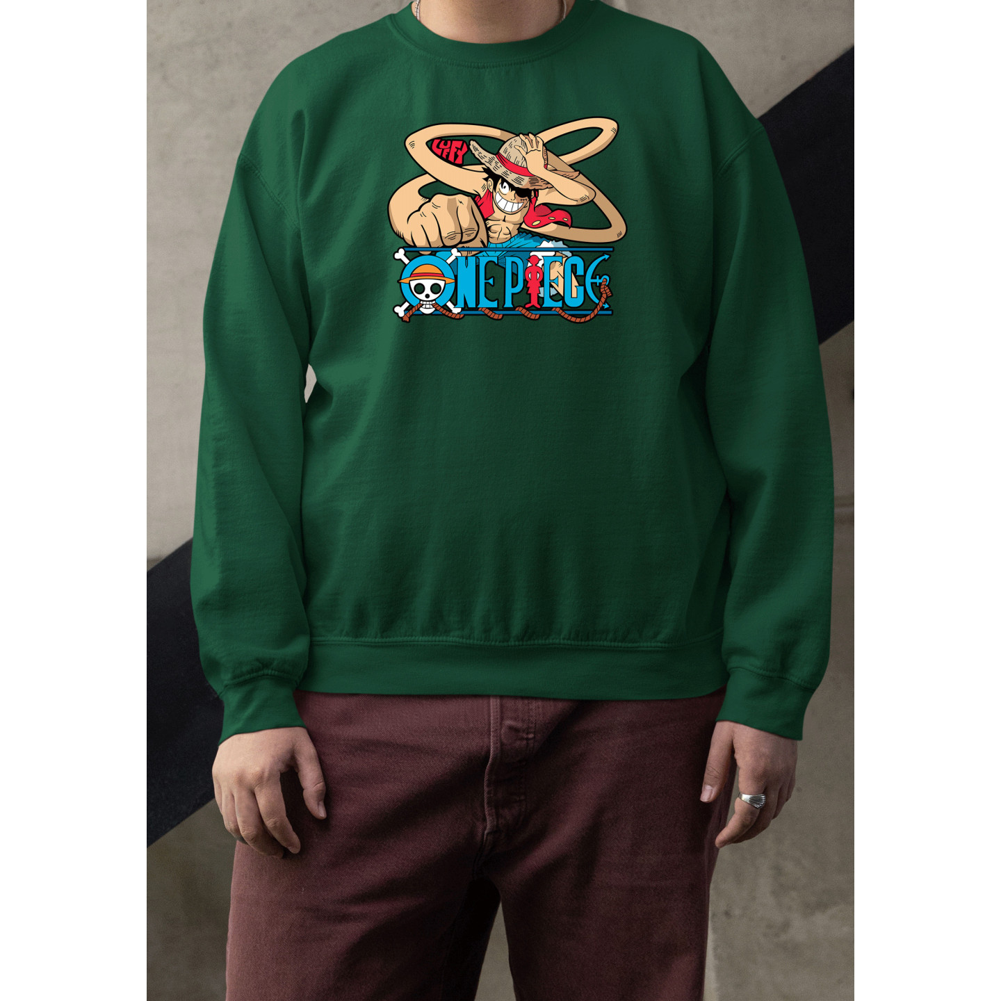Anime Lovers Custom Print Cotton Fleece Sweatshirt - Full Sleeves Dark Green One Piece  D-1