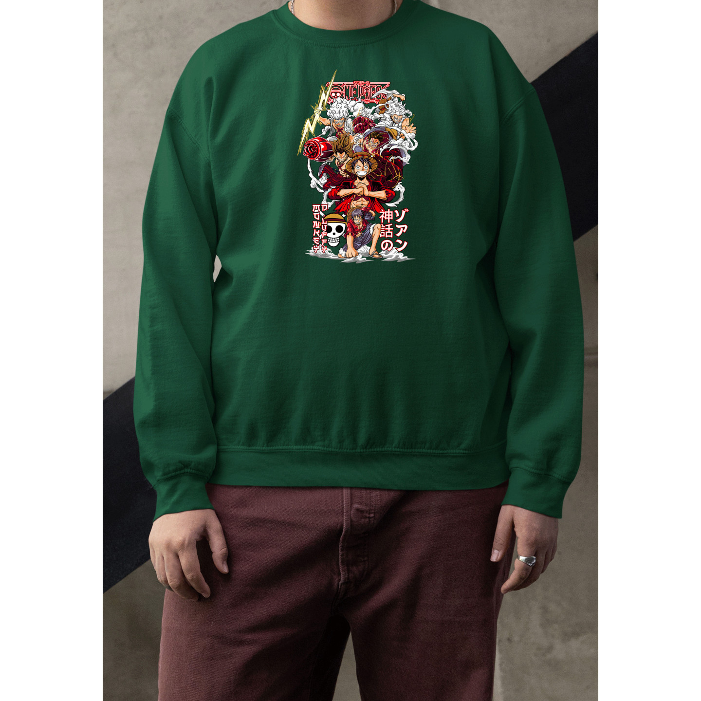 Anime Lovers Custom Print Cotton Fleece Sweatshirt - Full Sleeves Dark Green One Piece  D-3
