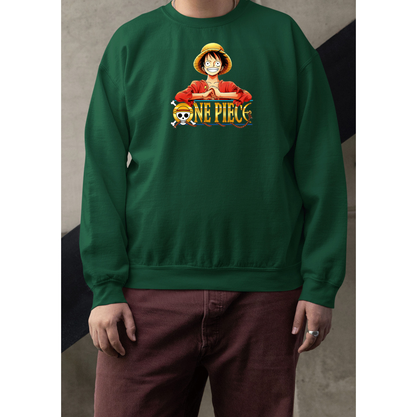 Anime Lovers Custom Print Cotton Fleece Sweatshirt - Full Sleeves Dark Green One Piece  D-4