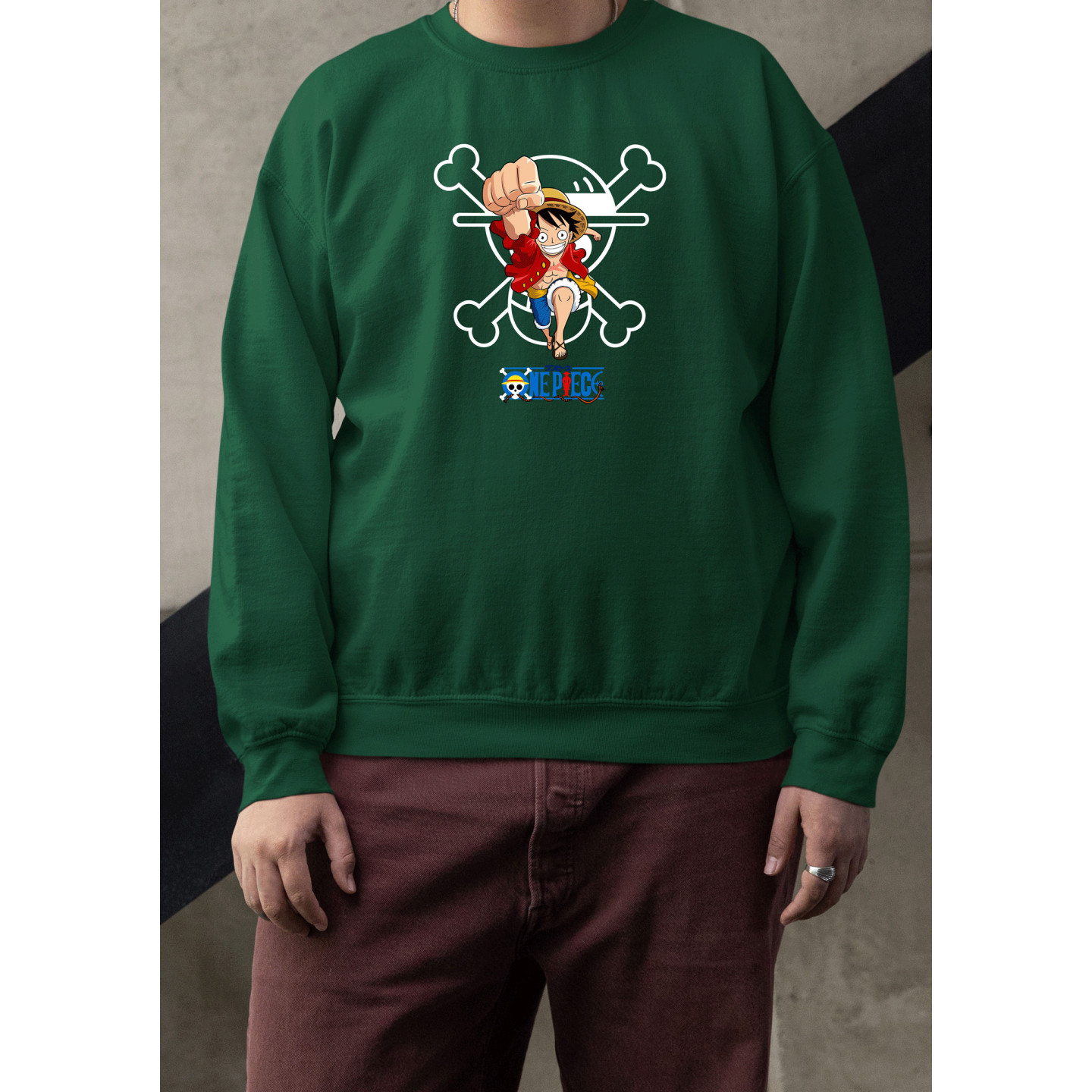 Anime Lovers Custom Print Cotton Fleece Sweatshirt - Full Sleeves Dark Green One Piece  D-5