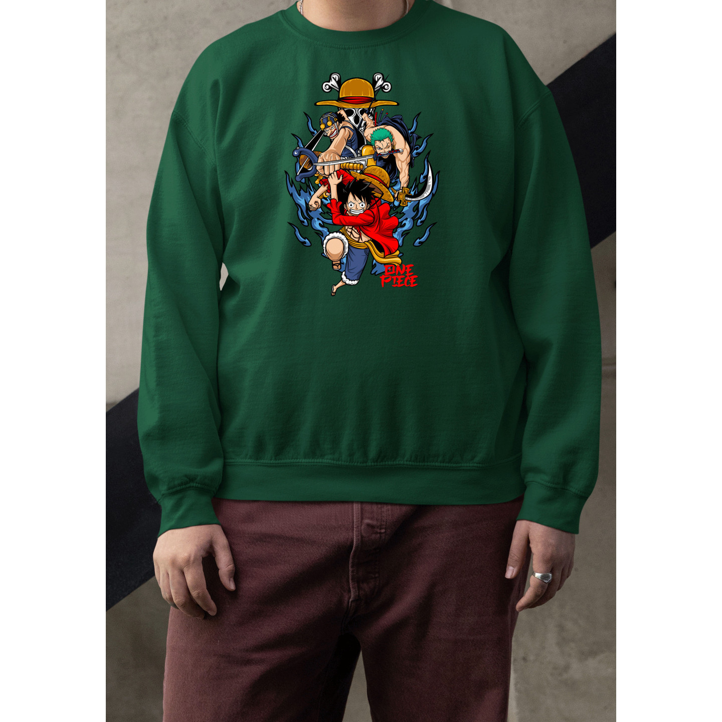 Anime Lovers Custom Print Cotton Fleece Sweatshirt - Full Sleeves Dark Green One Piece  D-6