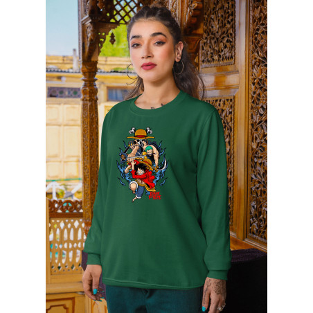 Anime Lovers Custom Print Cotton Fleece Sweatshirt - Full Sleeves Dark Green One Piece  D-6