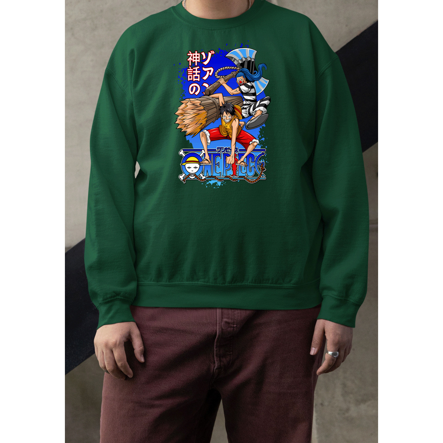 Anime Lovers Custom Print Cotton Fleece Sweatshirt - Full Sleeves Dark Green One Piece  D-7