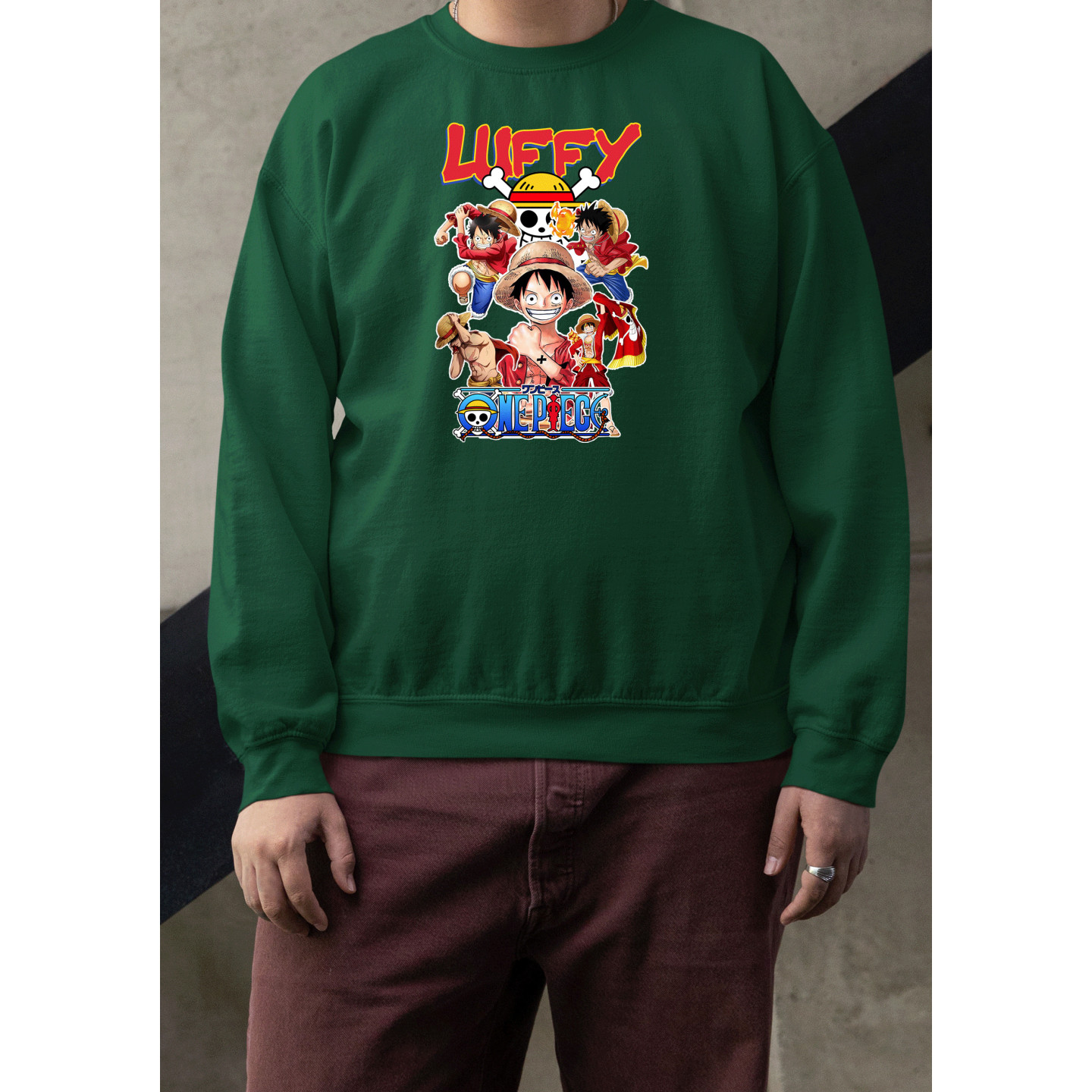 Anime Lovers Custom Print Cotton Fleece Sweatshirt - Full Sleeves Dark Green One Piece D-9