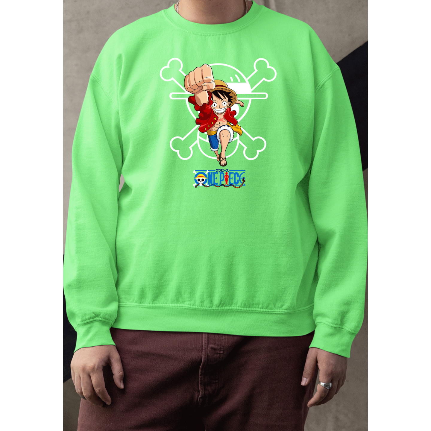 Anime Lovers Custom Print Cotton Fleece Sweatshirt Light Green- Full Sleeves One Piece  D-3