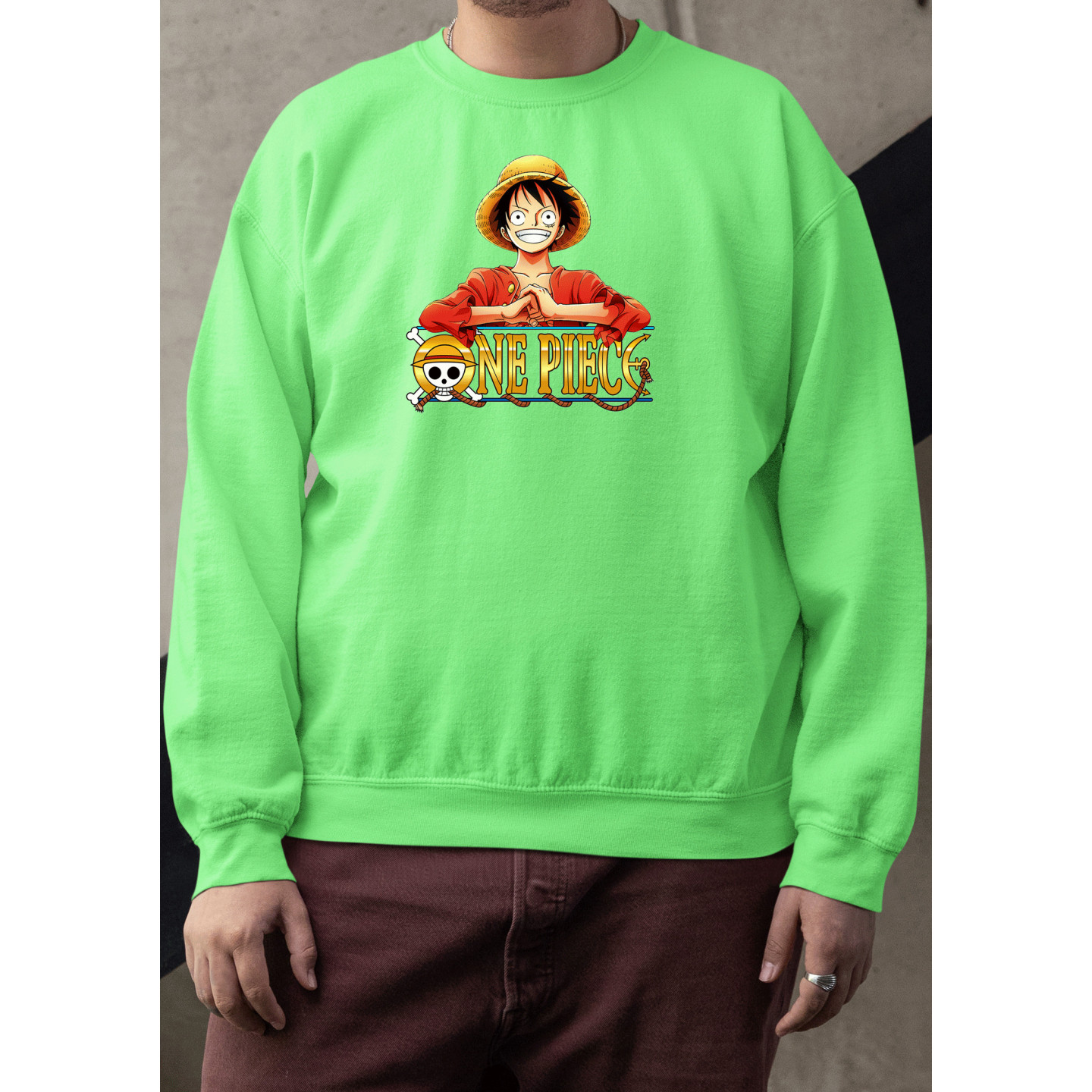 Anime Lovers Custom Print Cotton Fleece Sweatshirt Light Green- Full Sleeves One Piece  D-4