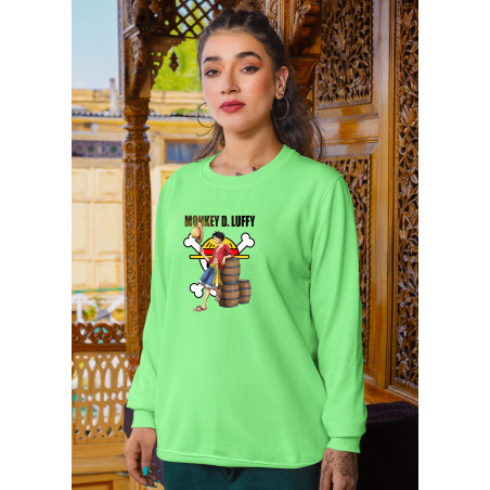 Anime Lovers Custom Print Cotton Fleece Sweatshirt Light Green- Full Sleeves Monkey D Luffy D-5