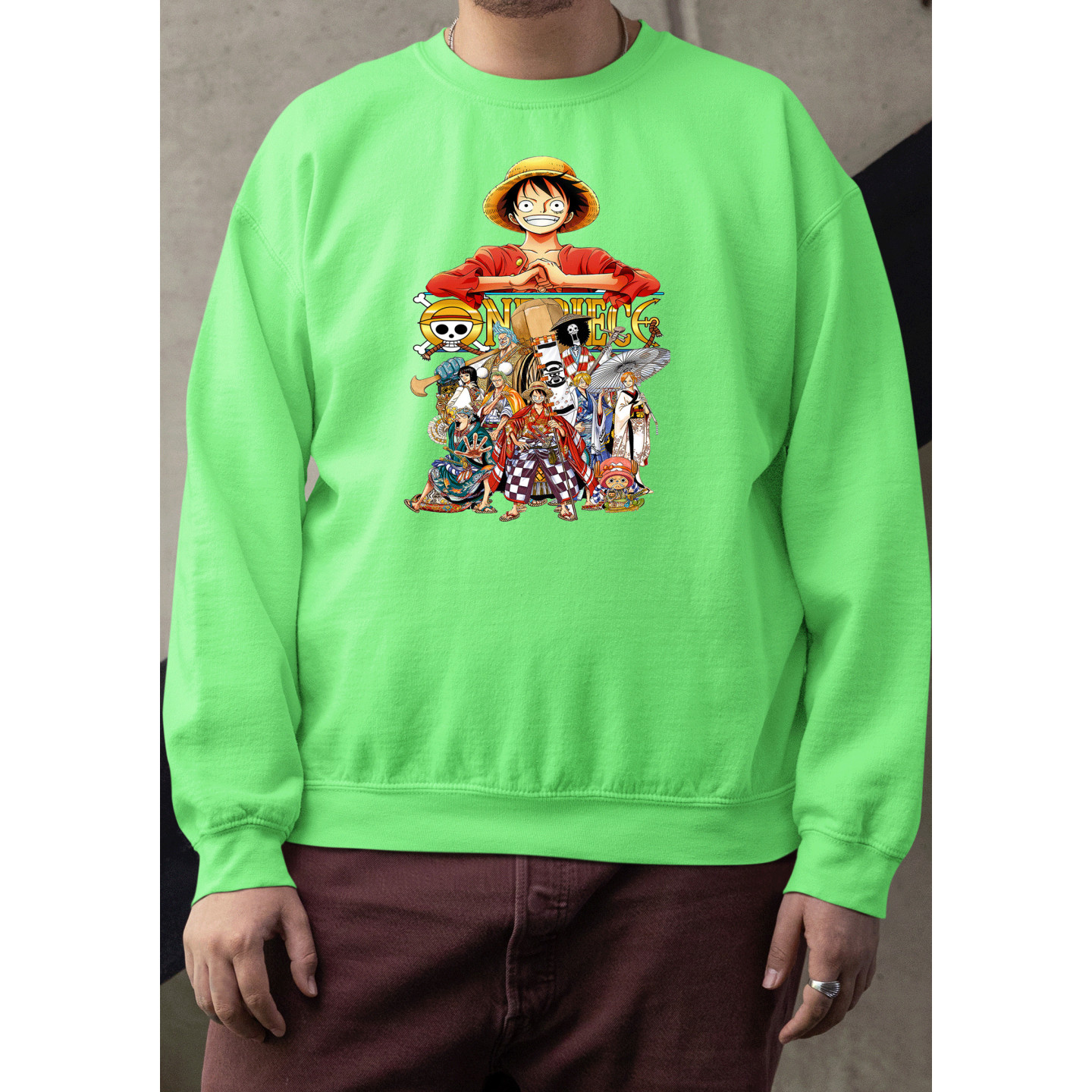 Anime Lovers Custom Print Cotton Fleece Sweatshirt Light Green- Full Sleeves One Piece D-6