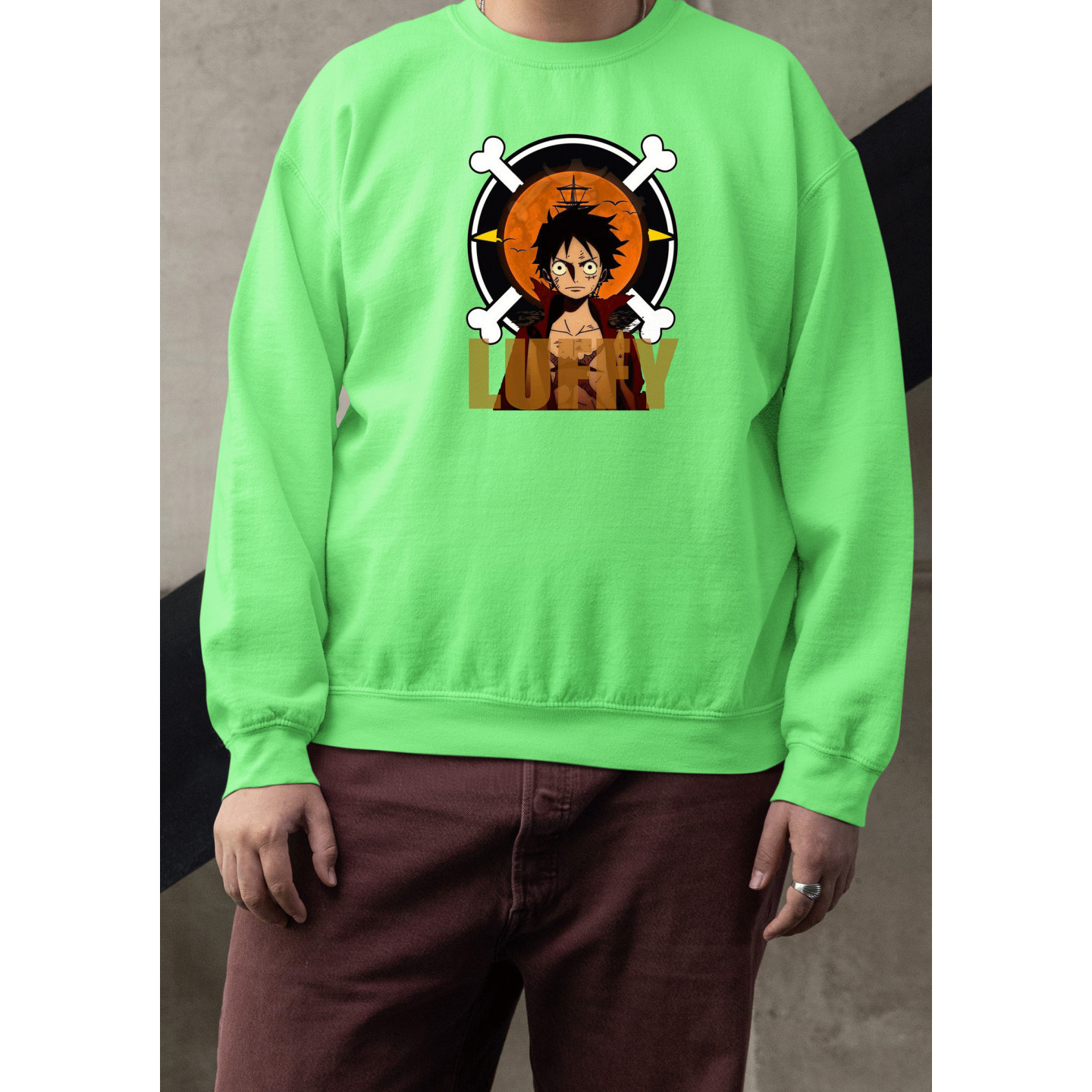 Anime Lovers Custom Print Cotton Fleece Sweatshirt Light Green- Full Sleeves Luffy D-7
