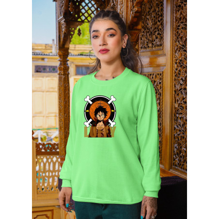 Anime Lovers Custom Print Cotton Fleece Sweatshirt Light Green- Full Sleeves Luffy D-7