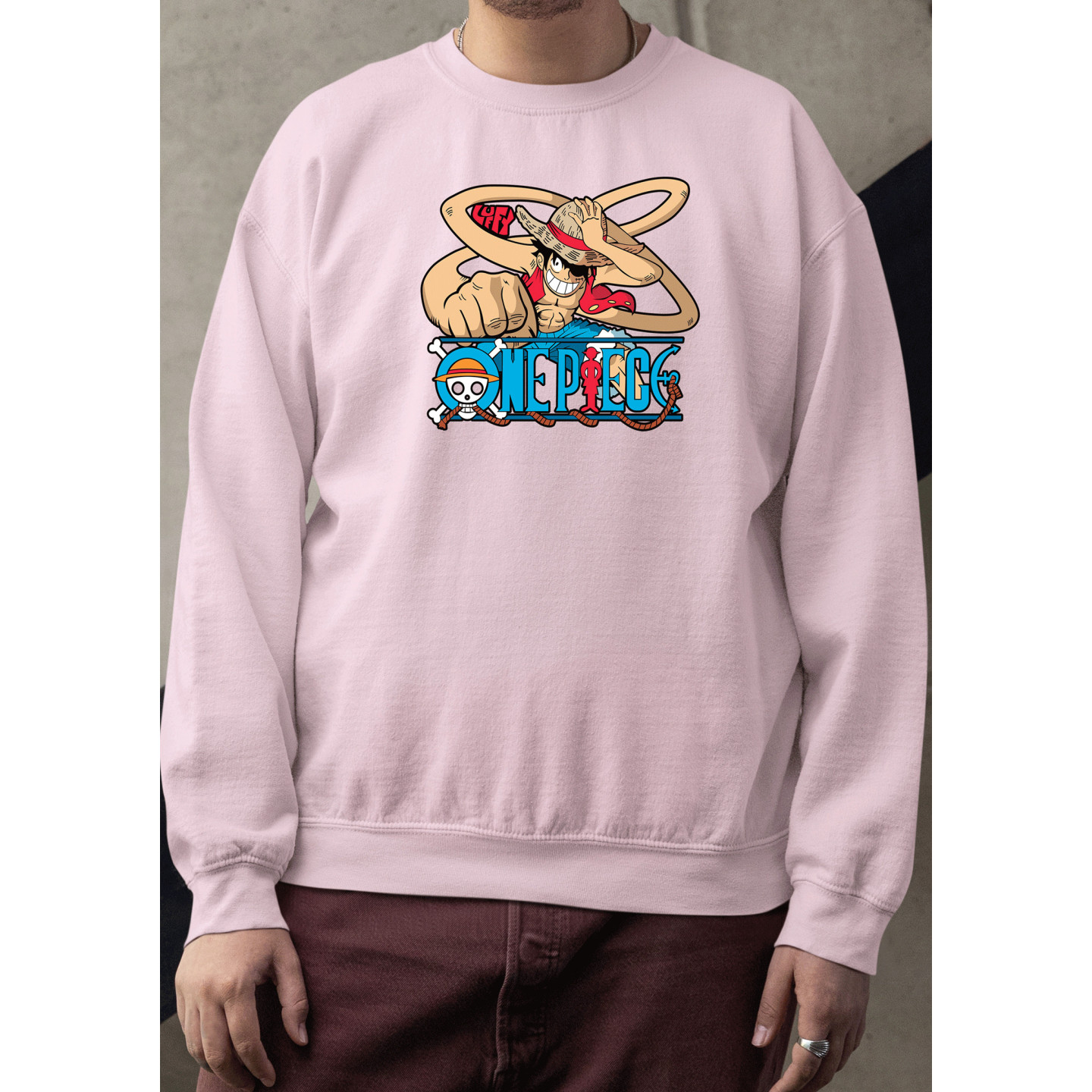 Anime Lovers Custom Print Cotton Fleece Sweatshirt Pink - Full Sleeves One Piece  D-3