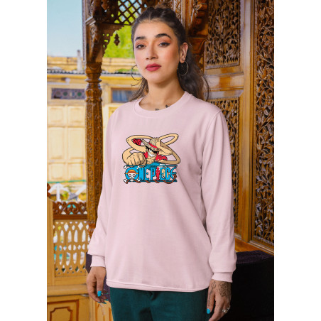 Anime Lovers Custom Print Cotton Fleece Sweatshirt Pink - Full Sleeves One Piece  D-3