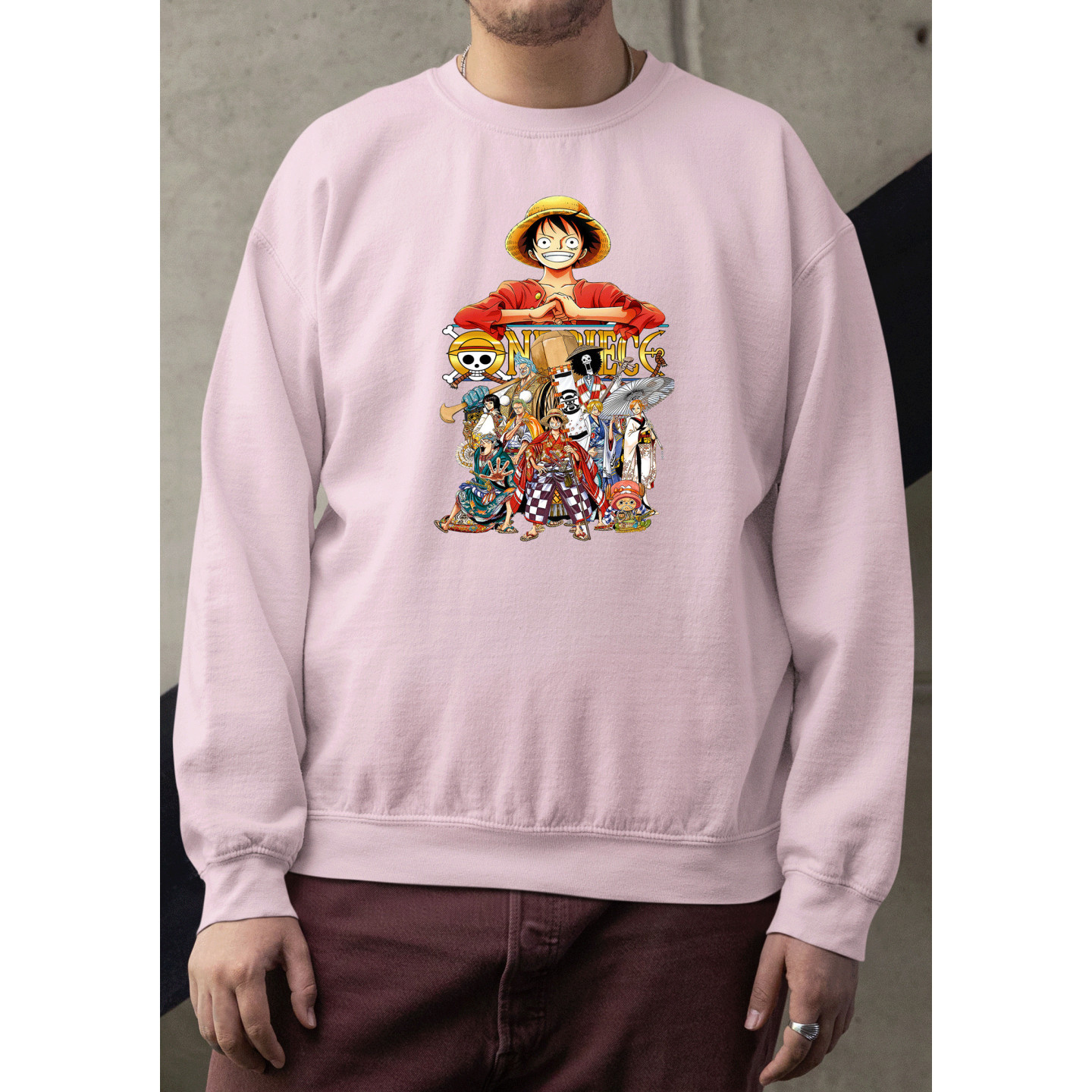 Anime Lovers Custom Print Cotton Fleece Sweatshirt Pink - Full Sleeves One Piece  D-5