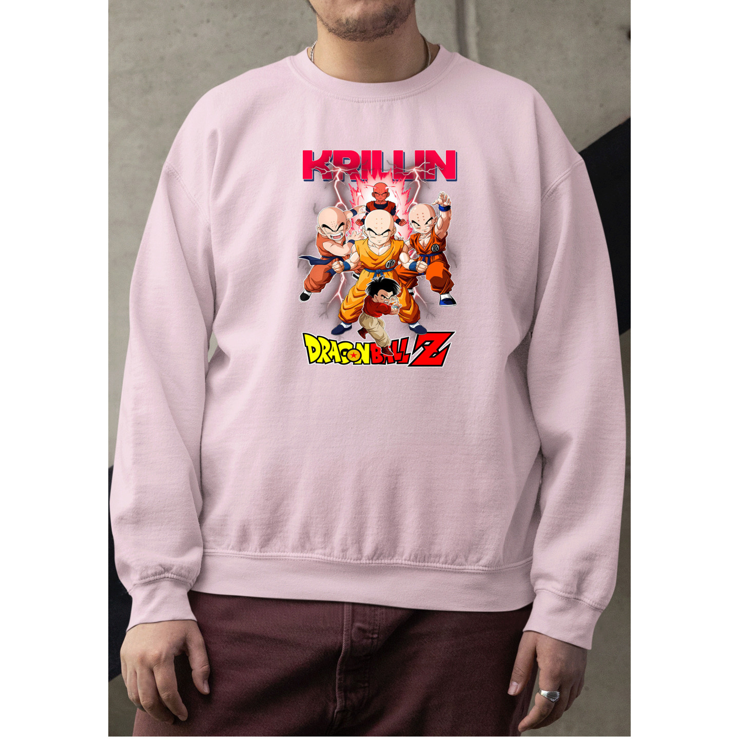 Anime Lovers Custom Print Cotton Fleece Sweatshirt Pink - Full Sleeves Dragon Ballz Krillin D-8