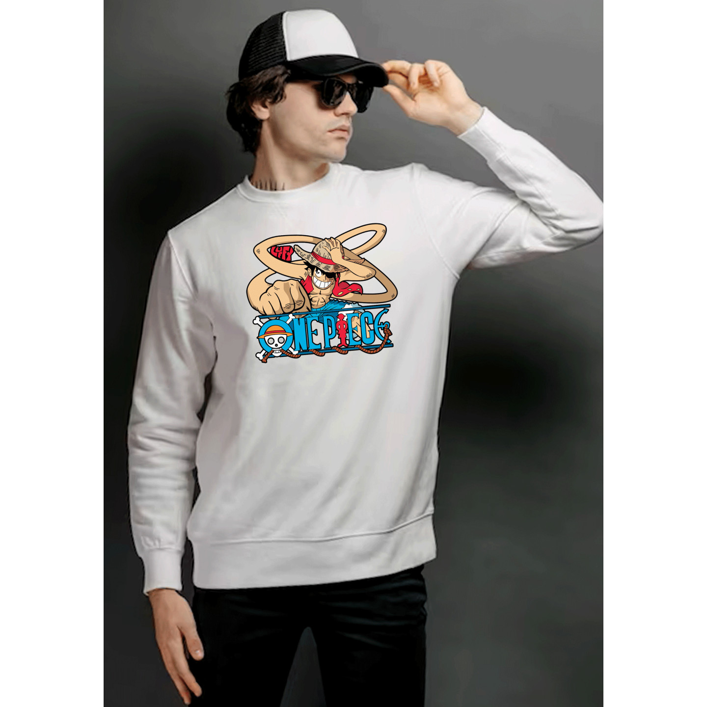 Anime Lovers Custom Print Cotton Fleece Sweatshirt White - Full Sleeves One Piece  D-1