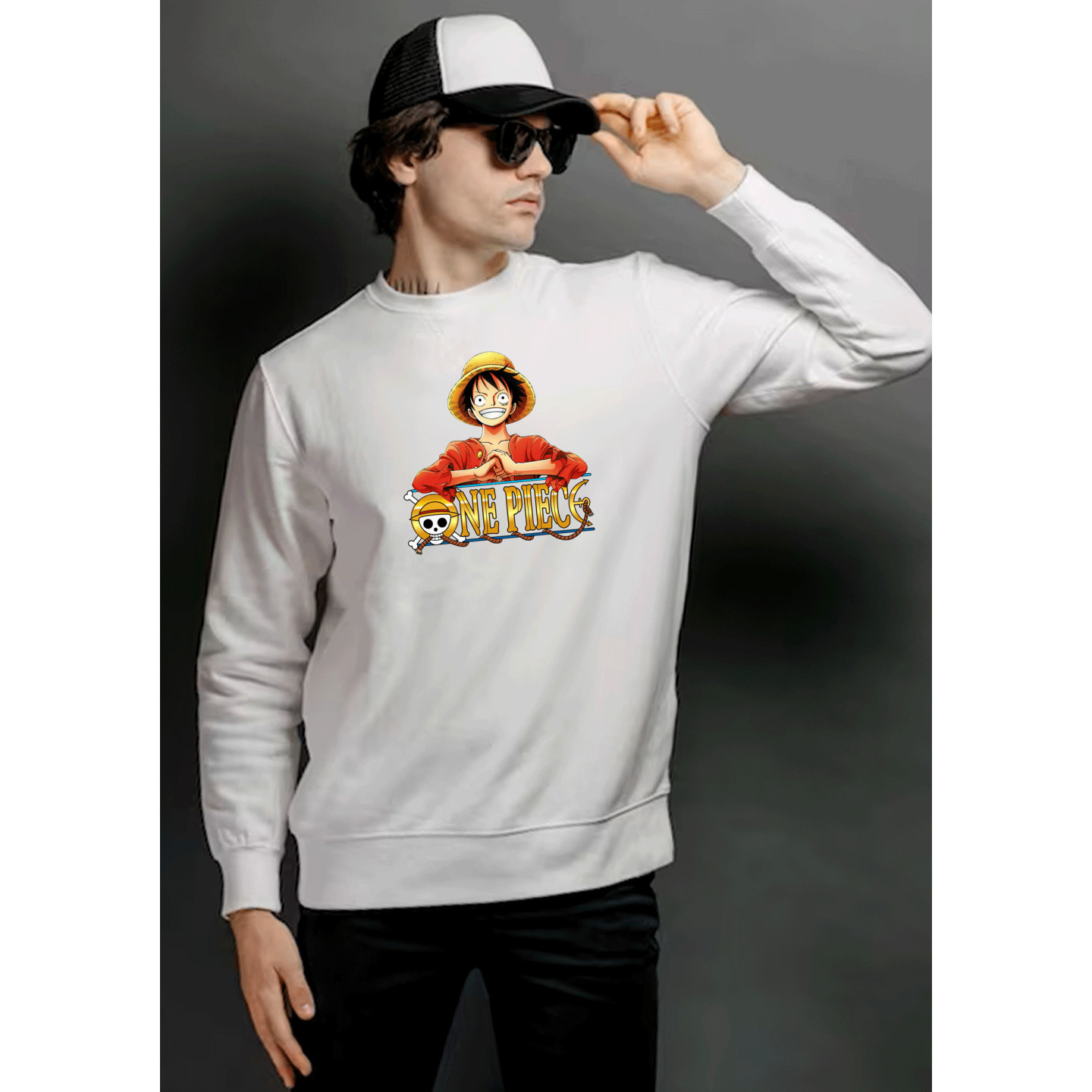 Anime Lovers Custom Print Cotton Fleece Sweatshirt White - Full Sleeves One Piece  D-2