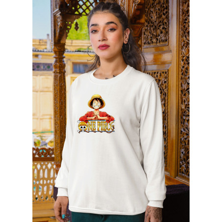 Anime Lovers Custom Print Cotton Fleece Sweatshirt White - Full Sleeves One Piece  D-2