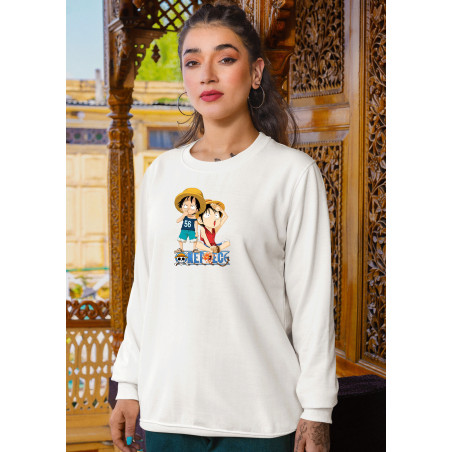 Anime Lovers Custom Print Cotton Fleece Sweatshirt White - Full Sleeves One Piece  D-3