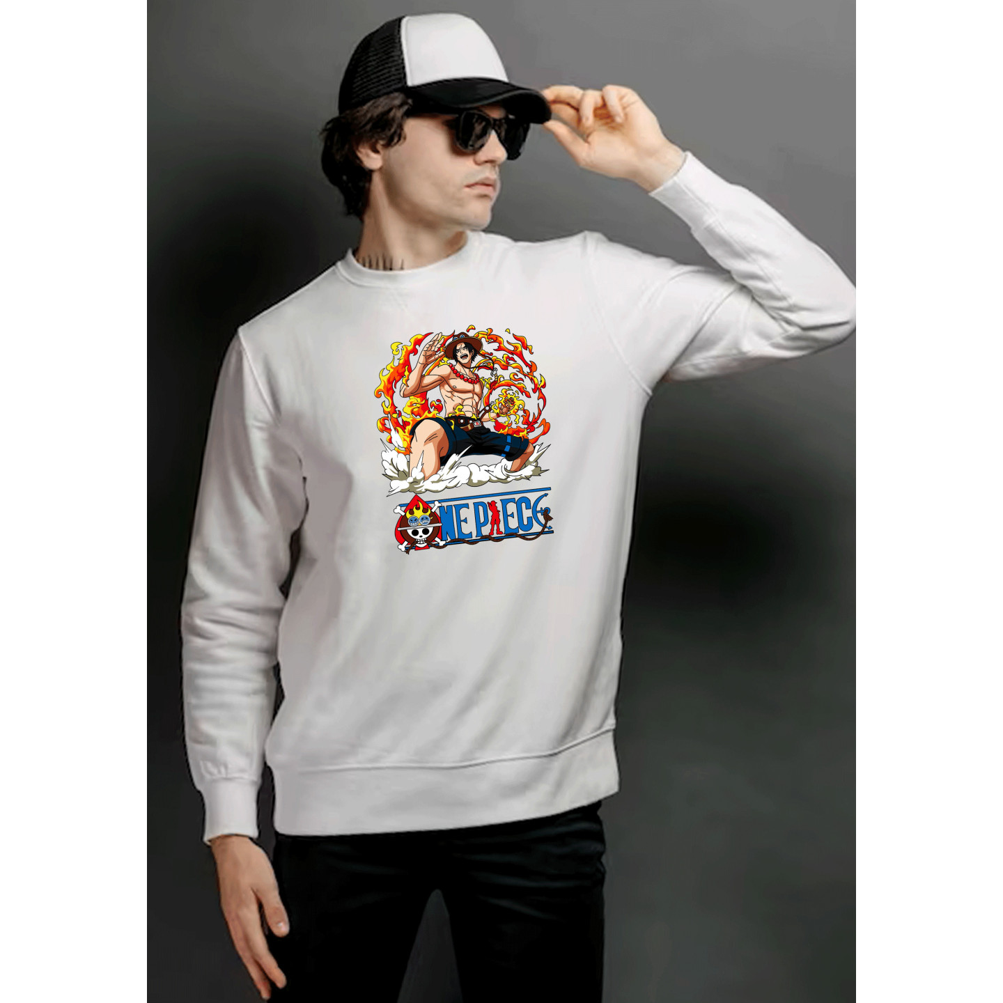 Anime Lovers Custom Print Cotton Fleece Sweatshirt White - Full Sleeves One Piece  D-5