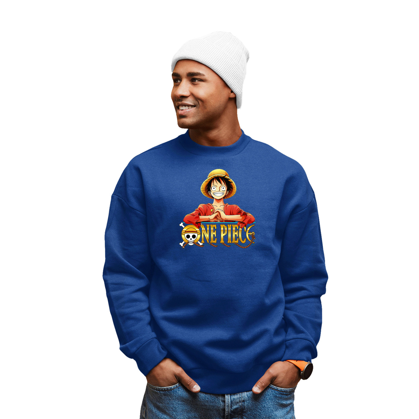 Anime Lovers Custom Print Cotton Fleece Sweatshirt Royal Blue - Full Sleeves One Piece  D-1