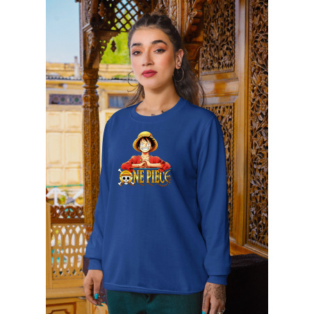 Anime Lovers Custom Print Cotton Fleece Sweatshirt Royal Blue - Full Sleeves One Piece  D-1