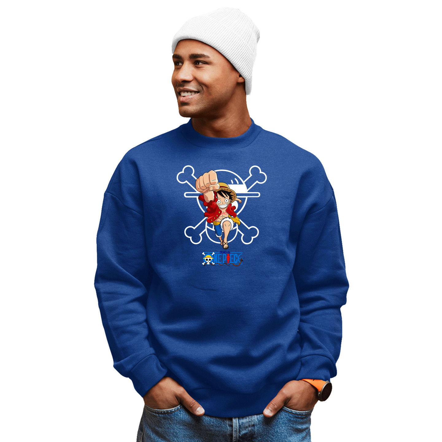 Anime Lovers Custom Print Cotton Fleece Sweatshirt Royal Blue - Full Sleeves One Piece  D-2