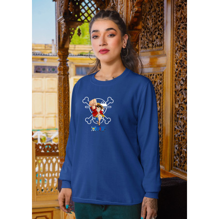 Anime Lovers Custom Print Cotton Fleece Sweatshirt Royal Blue - Full Sleeves One Piece  D-2