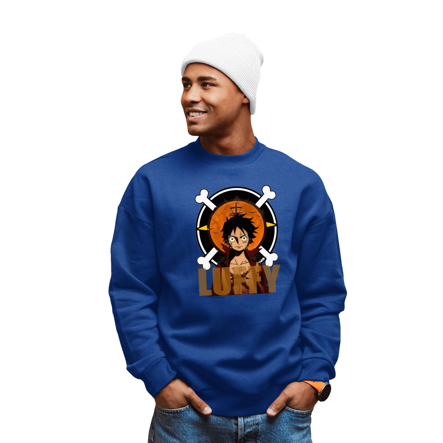 Anime Lovers Custom Print Cotton Fleece Sweatshirt Royal Blue - Full Sleeves Luffy D-7