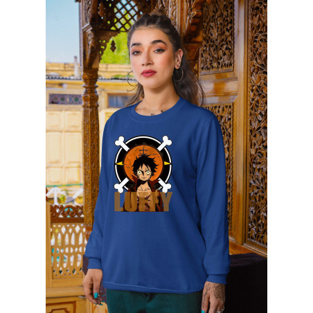 Anime Lovers Custom Print Cotton Fleece Sweatshirt Royal Blue - Full Sleeves Luffy D-7