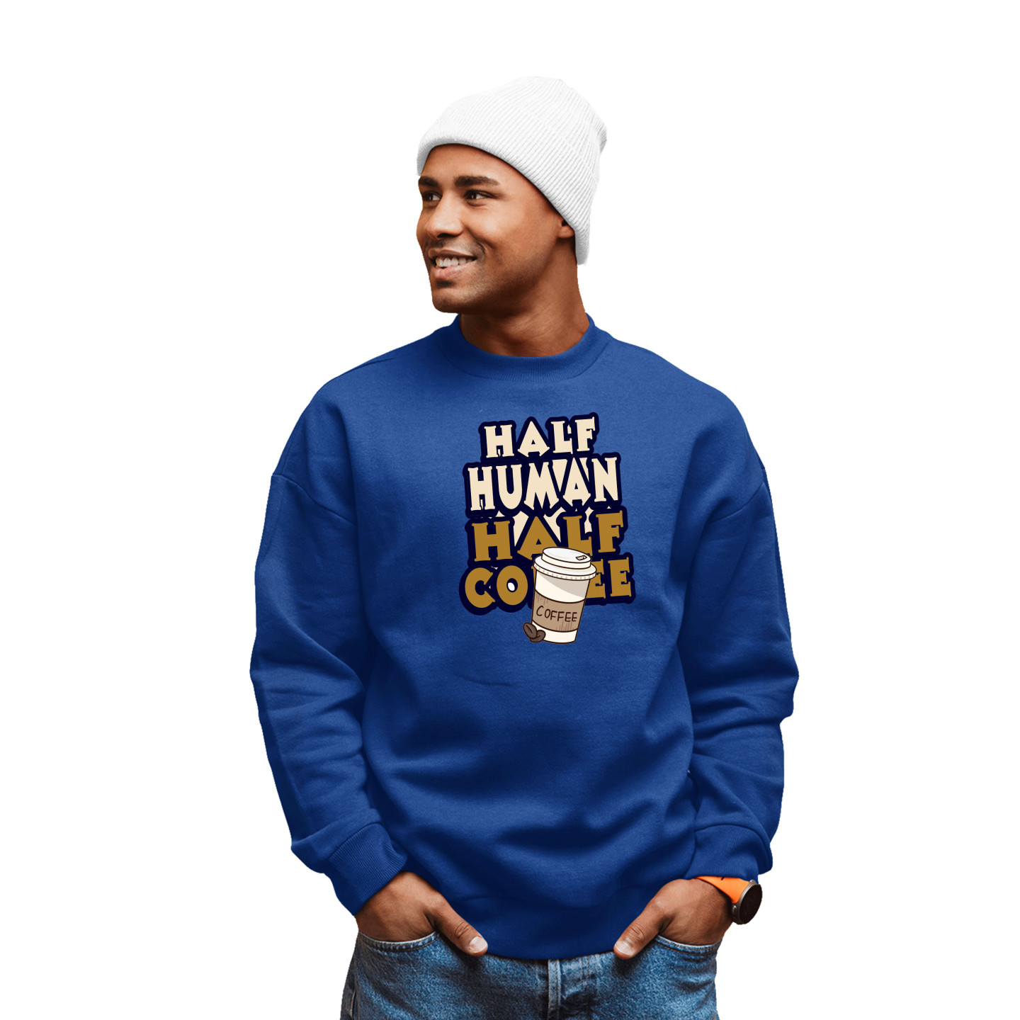 Graphic & Quote Custom Print Cotton Fleece Sweatshirt - Full Sleeves Royal Blue Half Human Half CoffeD-8