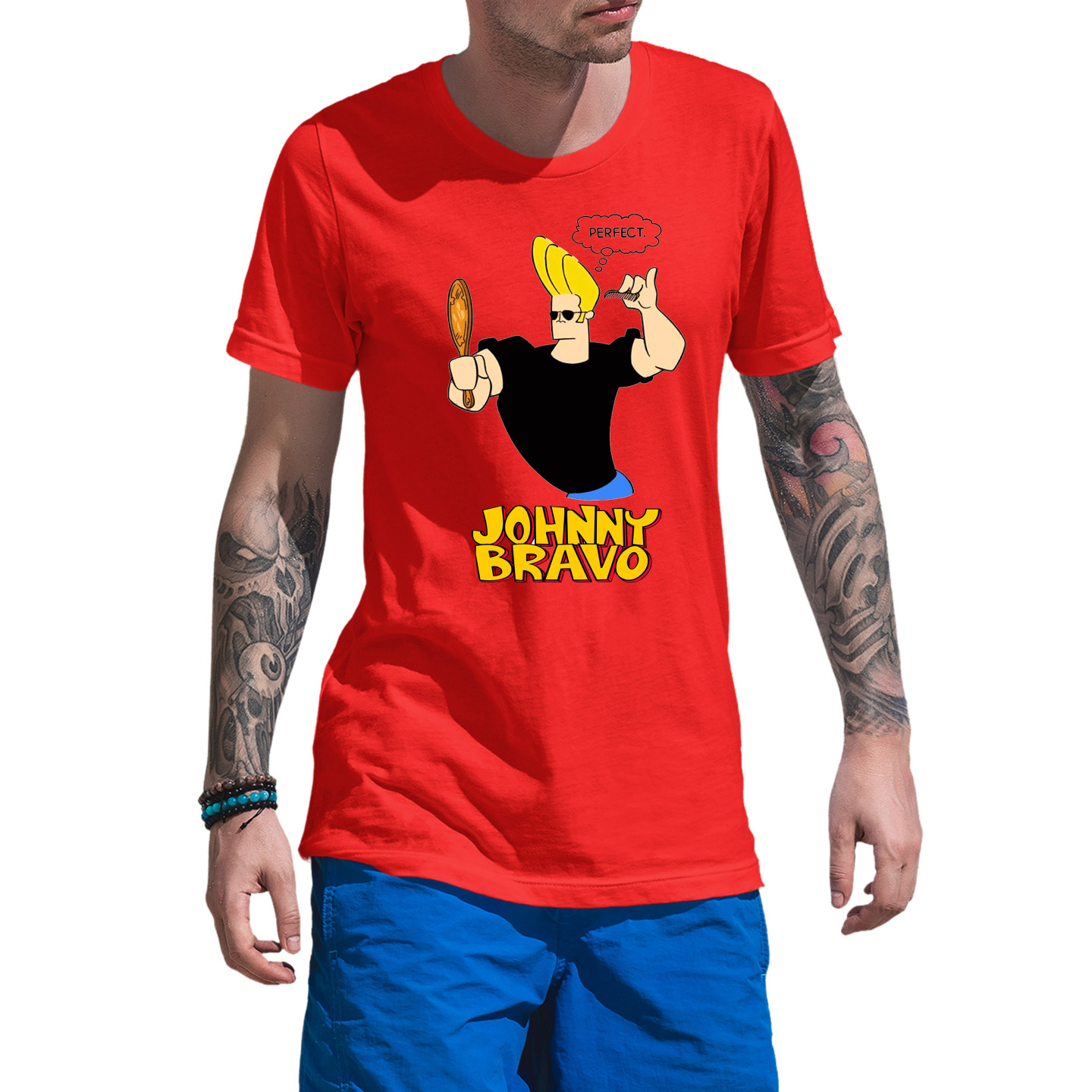 Johnny Bravo Half Sleeves Round Neck T-Shirt for Adults Pure Cotton D2
