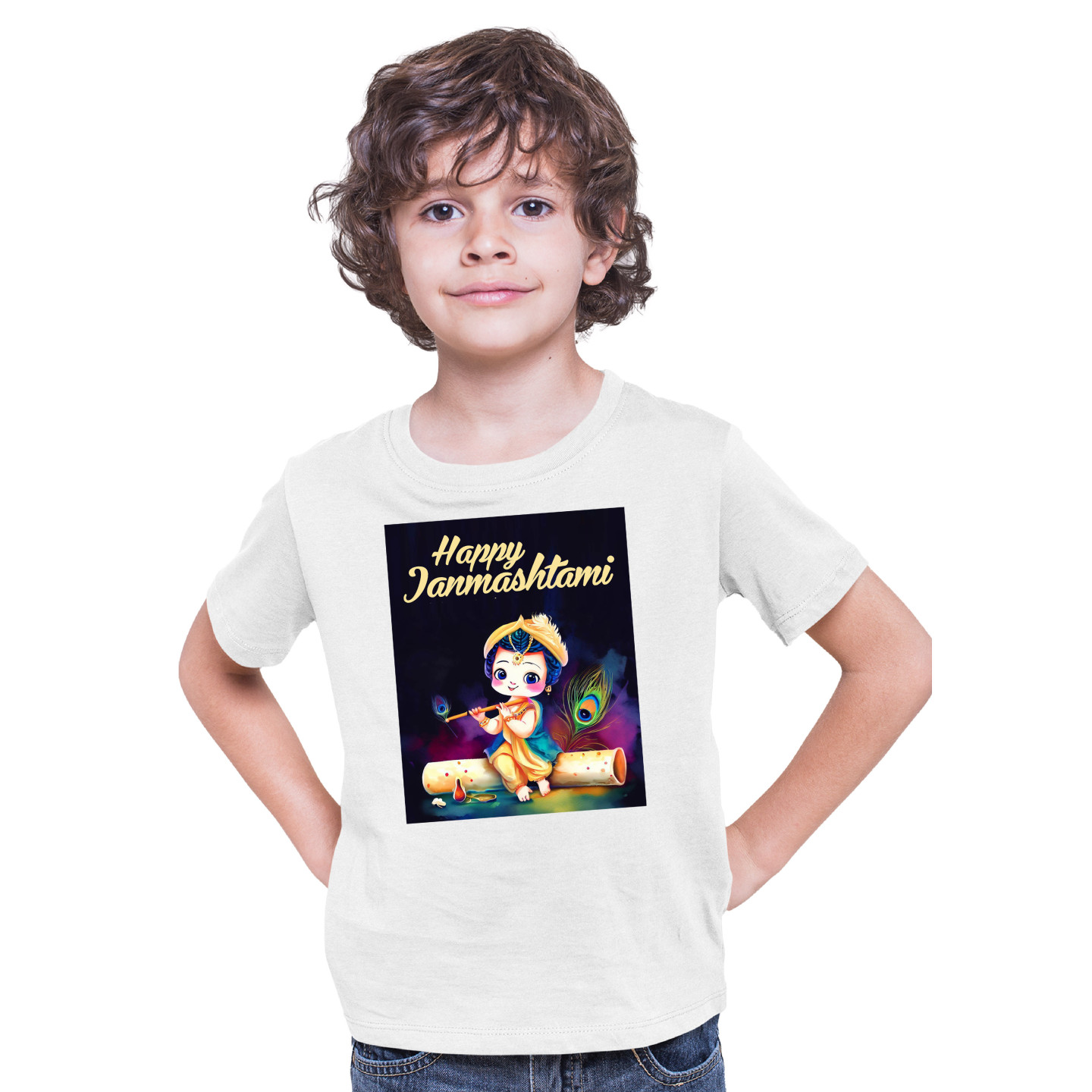 Polyester Hare Krishna Janamashtmi Tshirts for Kids D13