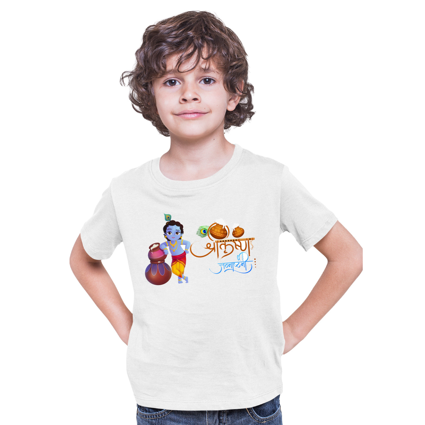 Polyester Hare Krishna Janamashtmi Tshirts for Kids D15