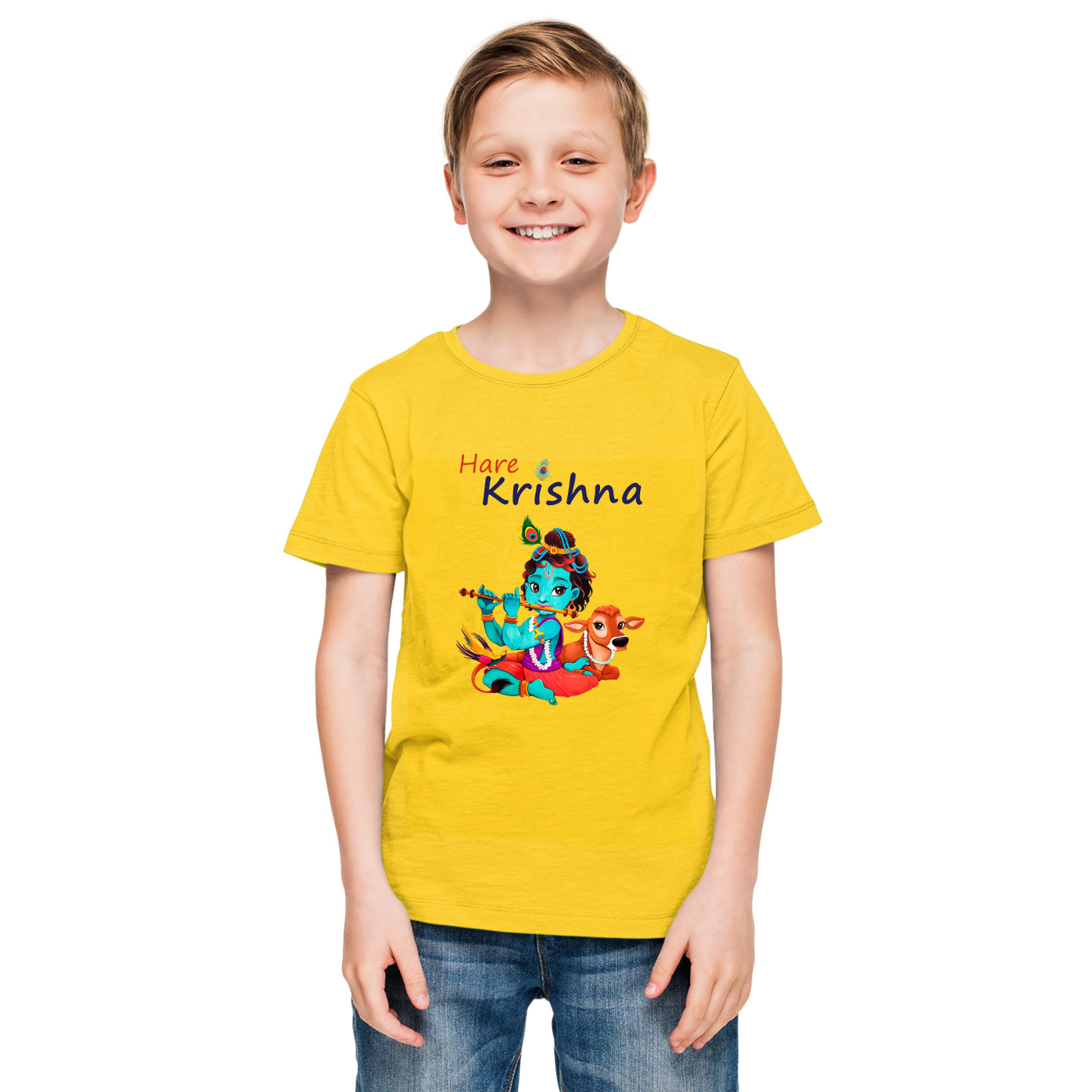 Printabulous Hare Krishna Janmashtami Kids T-Shirt – Pure Cotton, Vibrant Print D1