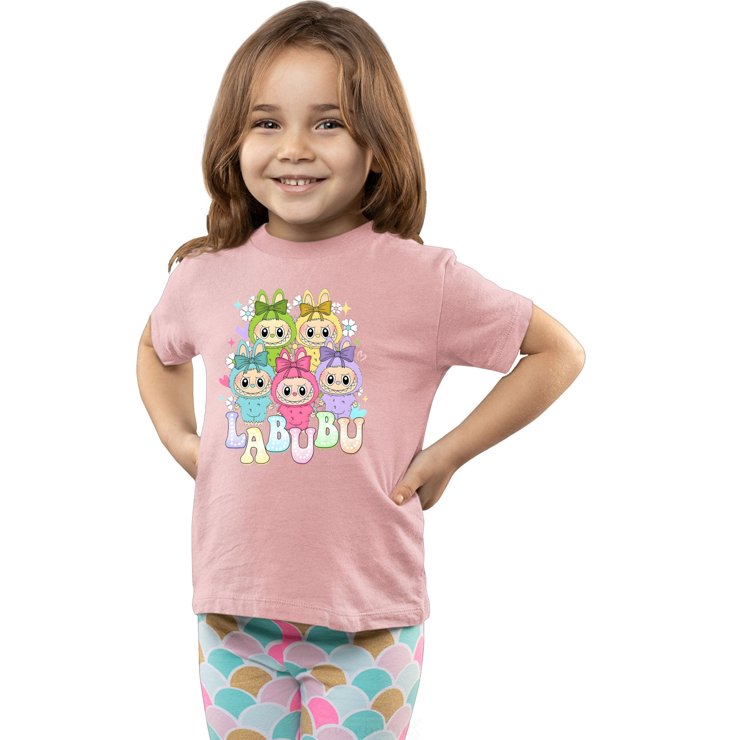 Labubu Girls Round Neck Pure Cotton T-Shirt – Half Sleeves, Colorful Print DL2