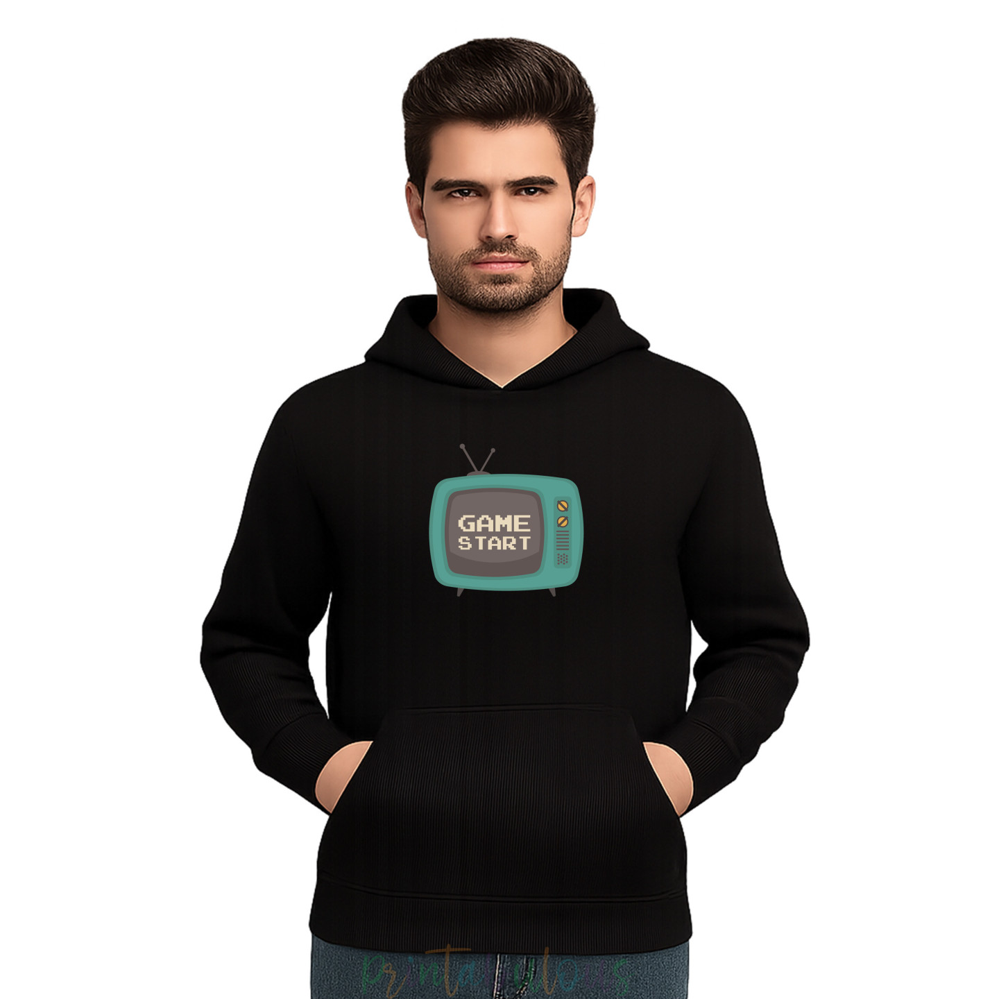 Gaming Cotton Fleece Pullover Hoodie, 90s Retro Gaming Print Hoodie Adult Game StartD9