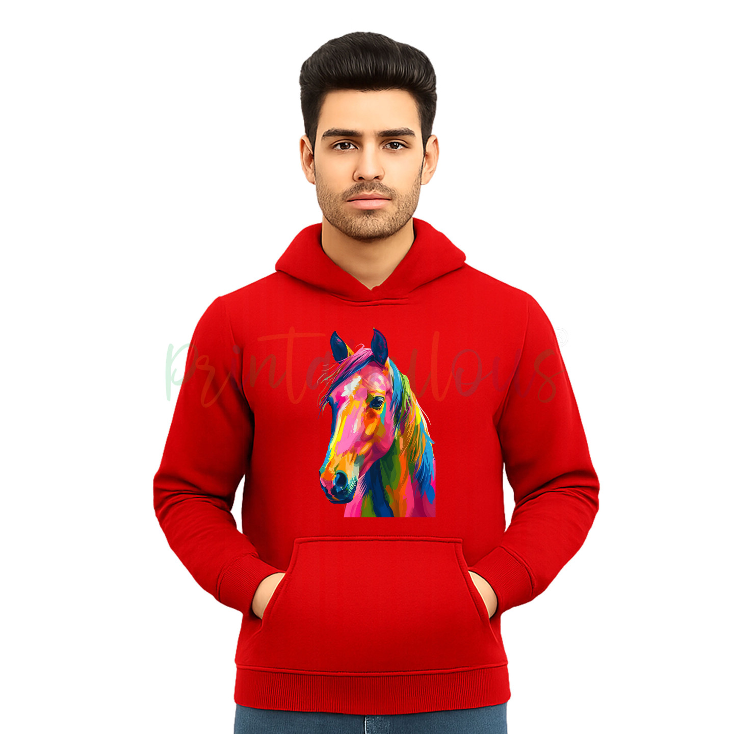 Colorful Horse Print, Front Pocket, Long Sleeve Sweatshirt Hoddie