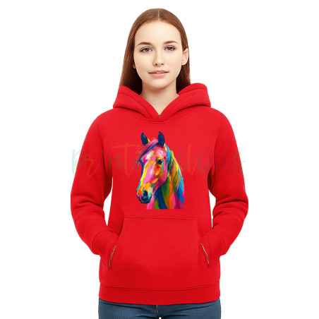Colorful Horse Print, Front Pocket, Long Sleeve Sweatshirt Hoddie
