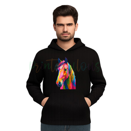 Colorful Horse Print, Front Pocket, Long Sleeve Sweatshirt Hoddie
